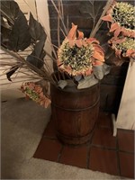 WOODEN BARREL 17" WITH LARGE ARTIFICIAL FLOWERS,