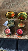 Vintage Russian flowered candles, dishes, and