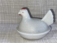 Antique Milk Glass Chicken on Nest Candy Dish