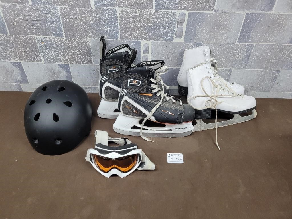 Girls and boys skates, goggles, and helmet