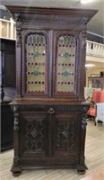 Neo Renaissance Stained Glass Oak Bookcase.