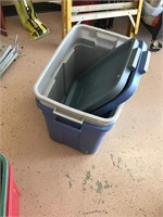 2 Rubbermaid totes with lids - gray & blue