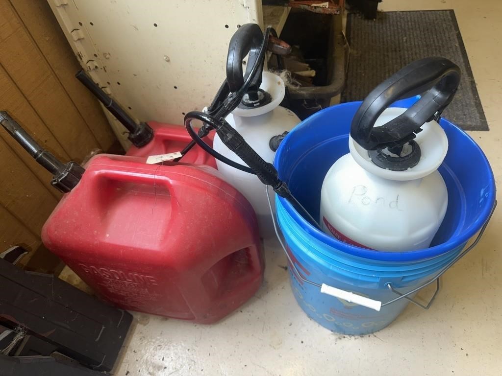Gas cans, sprayer and buckets