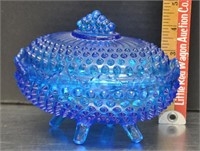 Vintage blue glass footed, lidded dish