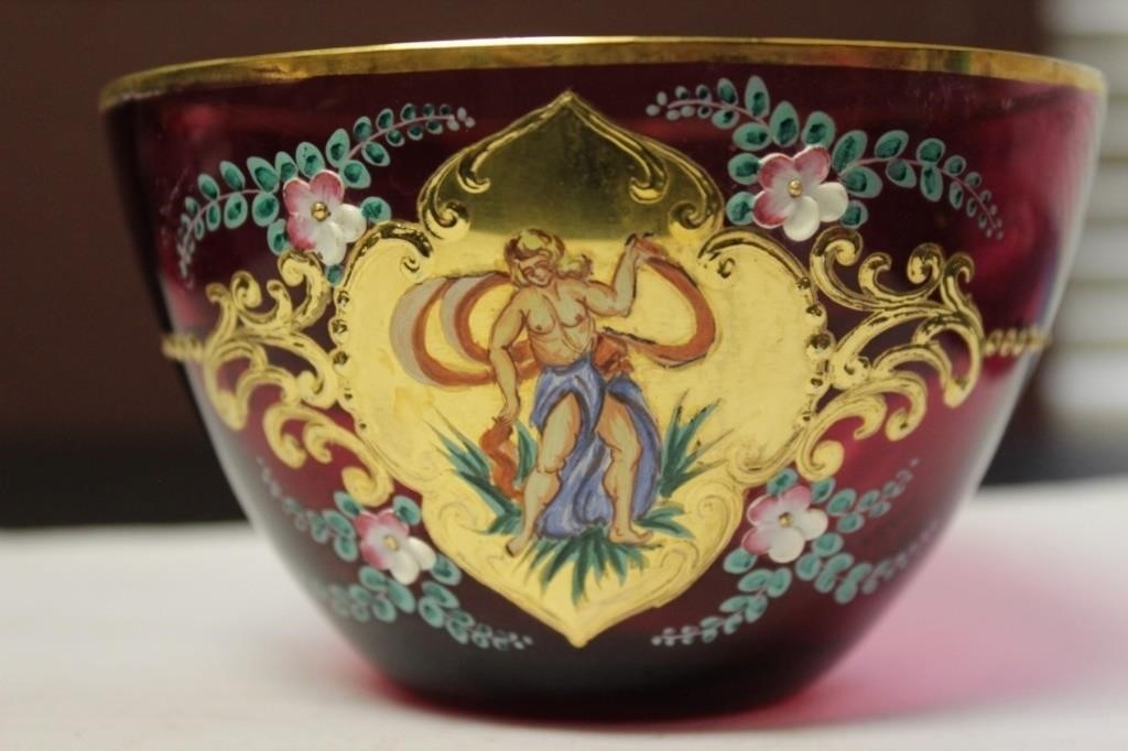 Hand Painted Cranberry Bowl - Rare Figeral Design