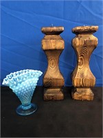 2 Burl Wood Candle Holders & Hobnail Blue Vase