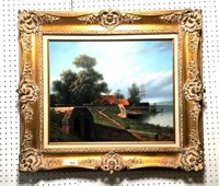 Bridge over Lake Oil on Canvas signed by Artist