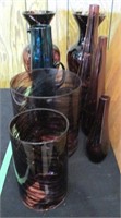 Large Purple Art Glass Vases & Blue Pitcher