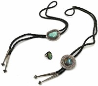Lot: 2 Silver Native American Bolo Ties & Ring.