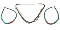 Lot of 3 Indian Silver & Turquoise Necklaces.