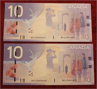 CANADA 2 CONSEC 2005 PTD 2009 $10 NOTES BC-68b