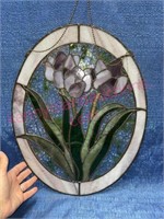 Oval stained glass light catcher (purple tulips)