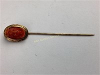 Victorian 14k gold & carved coral cameo stick pin