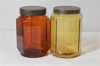 2 Antique Amber Store Counter Jars & Lids 7"h