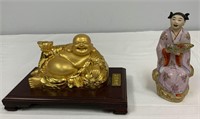 Lucky Buddha Gold Tone Souvenir with Asian Lady