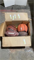 2 basketballs, footballs, and tennis ball