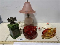 Vintage desk lamps, candy dishes, S & P set