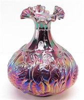 FENTON Amethyst Carnival Glass Ruffled Swan Vase