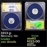 ANACS 1913-p Barber Dime 10c Graded unc details By
