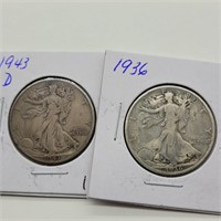 1936 & 1943 D WALKING LIBERTY HALF DOLLARS