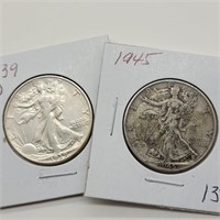 1939 D & 1945 WALKING LIBERTY HALF DOLLARS