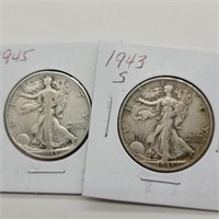 1943 S & 1945 WALKING LIBERTY HALF DOLLARS