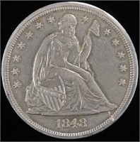 1848 SEATED DOLLAR AU/UNC, OLD CLEANING