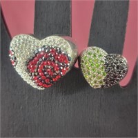 Two .925 Silver rings with crystal hearts - red