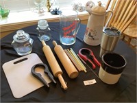 2 rolling pins, small crock, candy jars, &