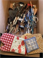 Box of various kitchen utensils & baking tins