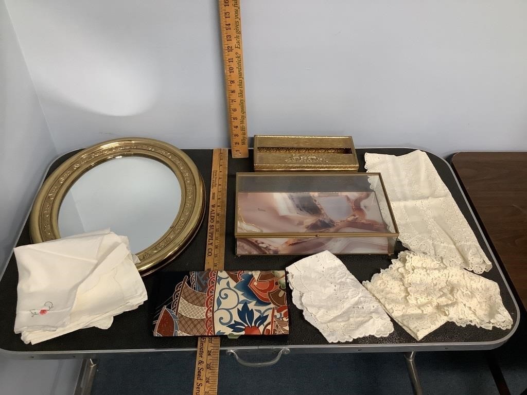 Mirror, Glass Case, and Fabric Bundle