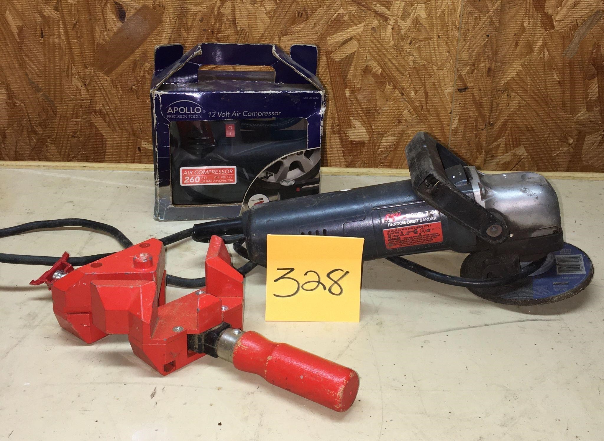 Air Compressor, Skil Orbit Sander, & Clamp