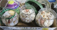 seashells, bird feeder, pottery dishes
