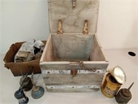 Wood crate with oil cans & more