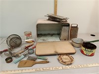 Metal bread box, kitchen utensils & more