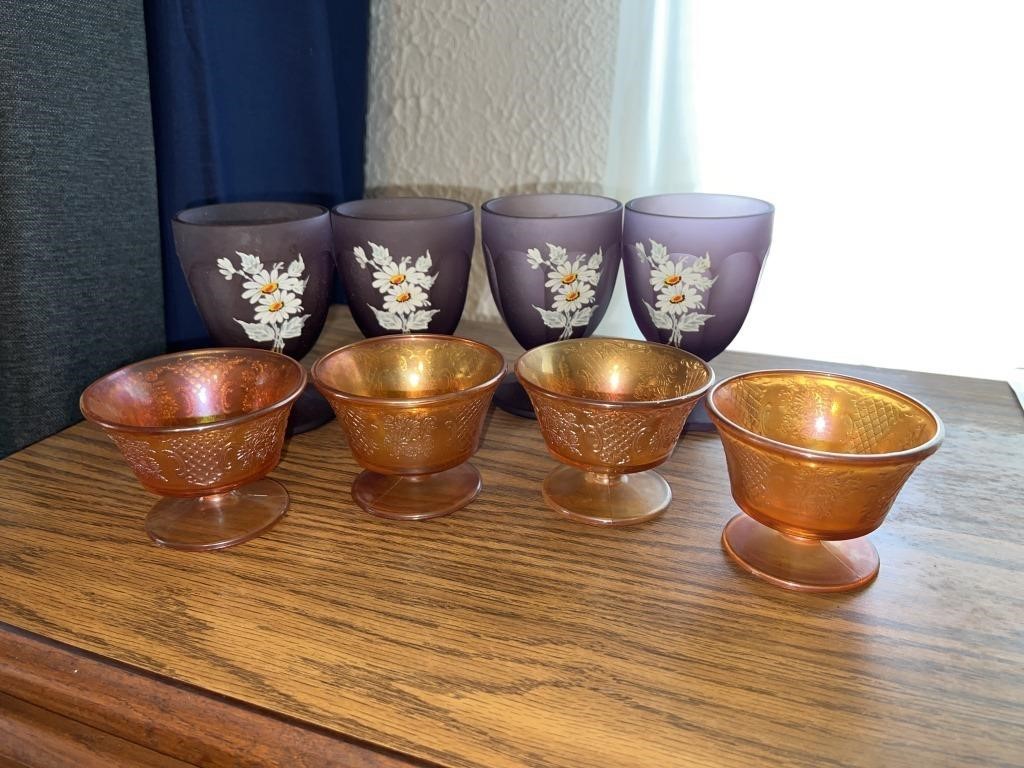 4 hand painted glasses and 4 footed desert cups
