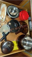 misc. kitchen shelf lot( some vision glass pans)