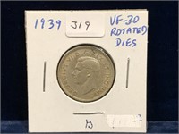 1939 Can Silver 25 Cent Piece  VF30 Rotated dies