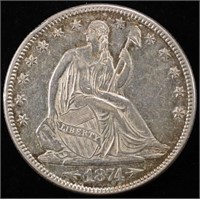 1874 SEATED LIBERTY HALF DOLLAR CH AU