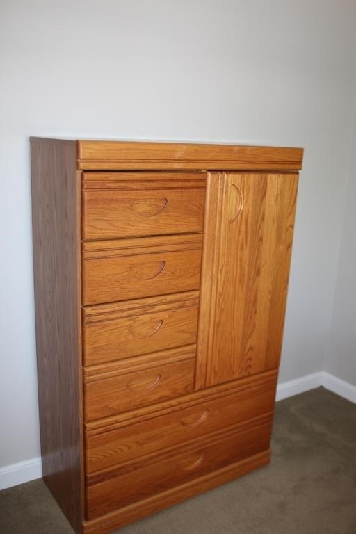 Oak 6 drawer chest with side cupboard,