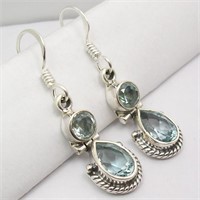 925 Sterling Silver Blue Topaz Earrings 1.3"