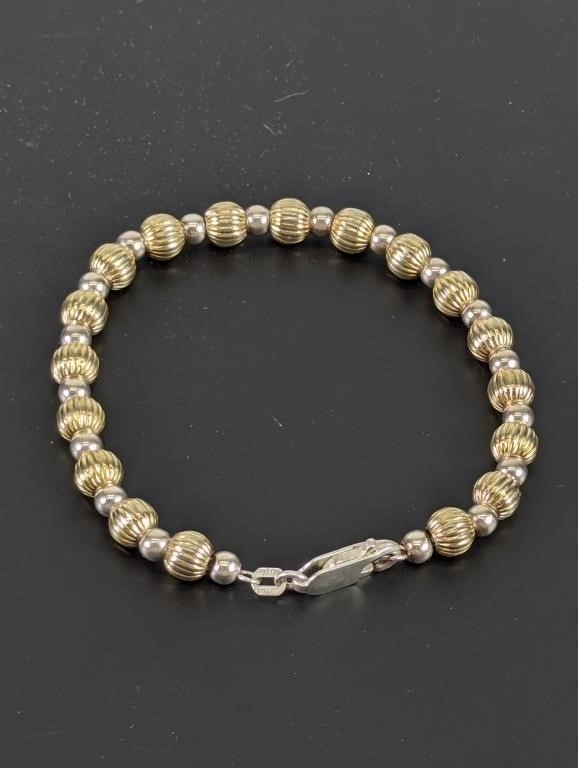 925 Sterling Silver and Gold Beaded Bracelet 7"