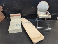 Metal doll bed, ironing board, chair