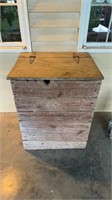 Large antique wood storage bin, with strap hinges