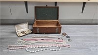 Antique Wood Jewelry Box, Pendants, Necklaces