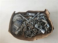 box of misc iron - chain, c clamp, lug wrench etc