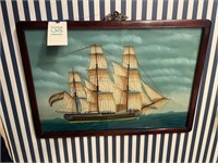 Glass Hand Painted? Framed Picture Large Ship
