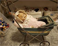 Antique Doll Stroller With Doll