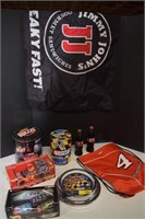Nascar Flag, Clock, Coke Bottles, Cars & Tins