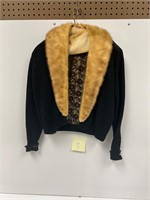 Vtg Fur Collar Cashmere Cardigan Sweater Jacket